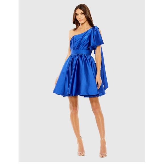 Mac Duggal 20690 Blue One Shoulder Bow Satin Mini Dress Size 4 - Picture 1 of 6